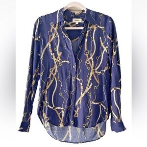 L'AGENCE Long Sleeve Tyler Blouse Navy and Gold Chain Print Button Down Shirt XS